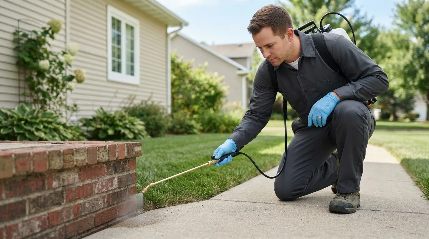 Pest control technician treating a home near Saint Paul, IA