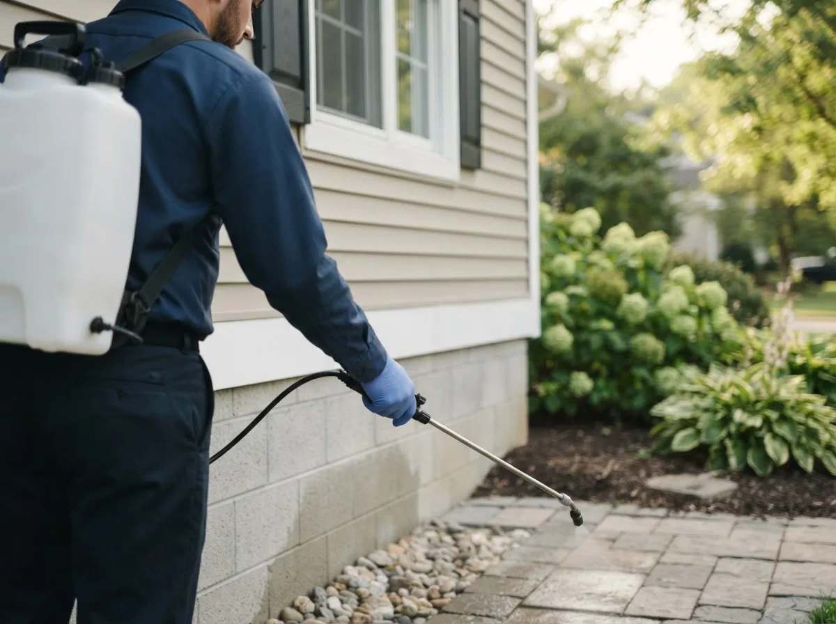 Pest control technician inspecting a home in Saint Paul, IA